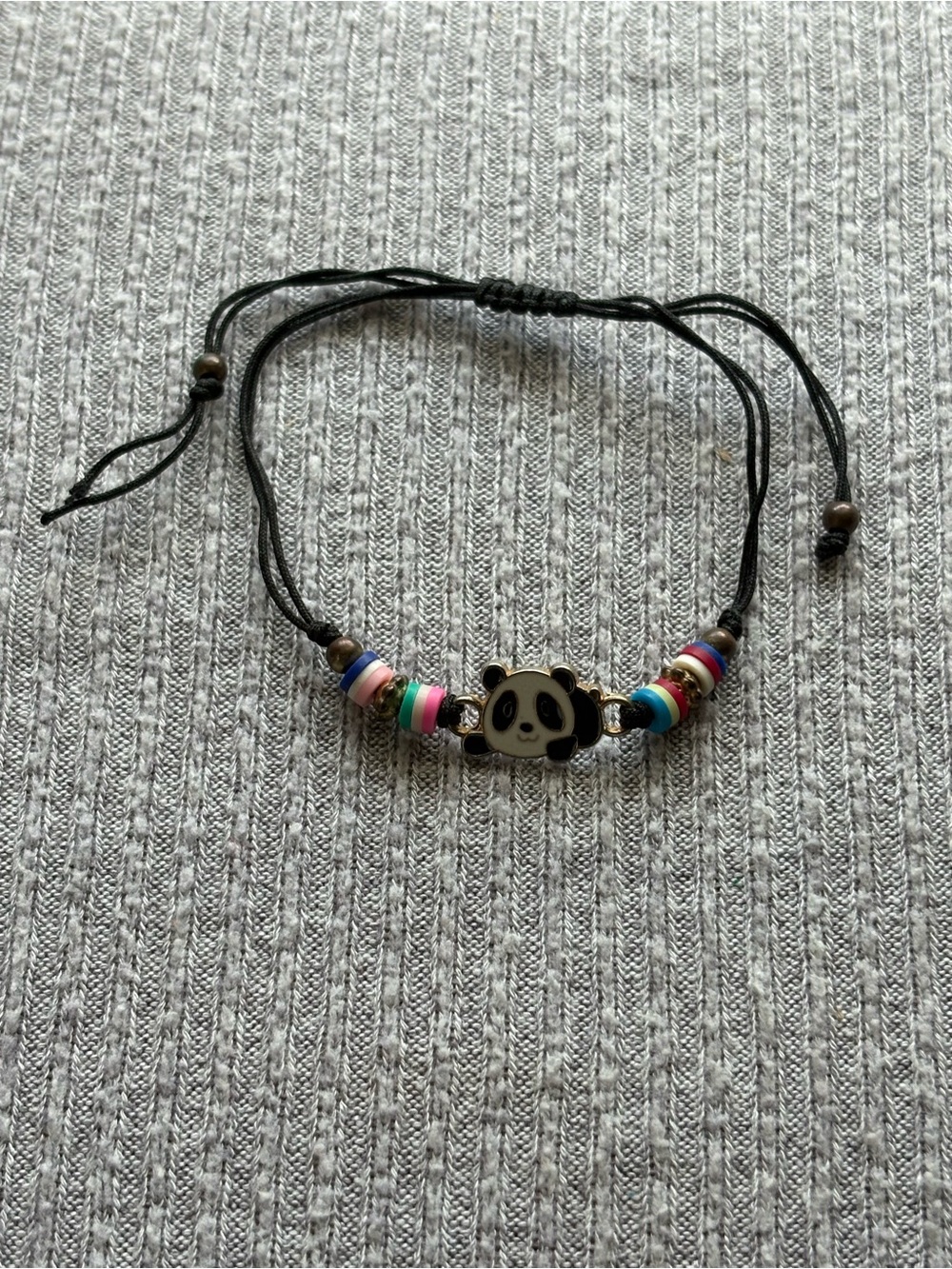 Y2K theme center silver tone panda & multicolor beaded adjustable black bracelet